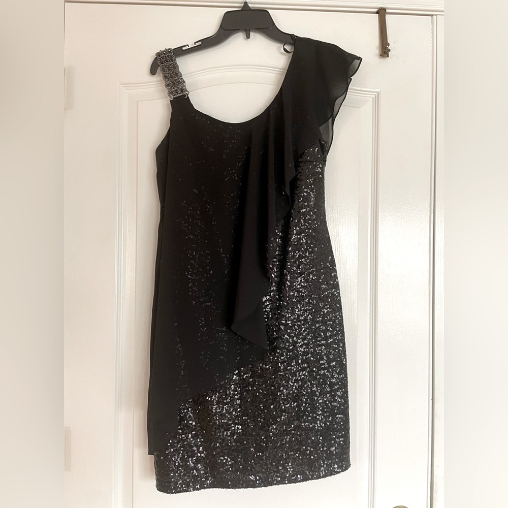 Black on black sequin dress with sheer shawl attached